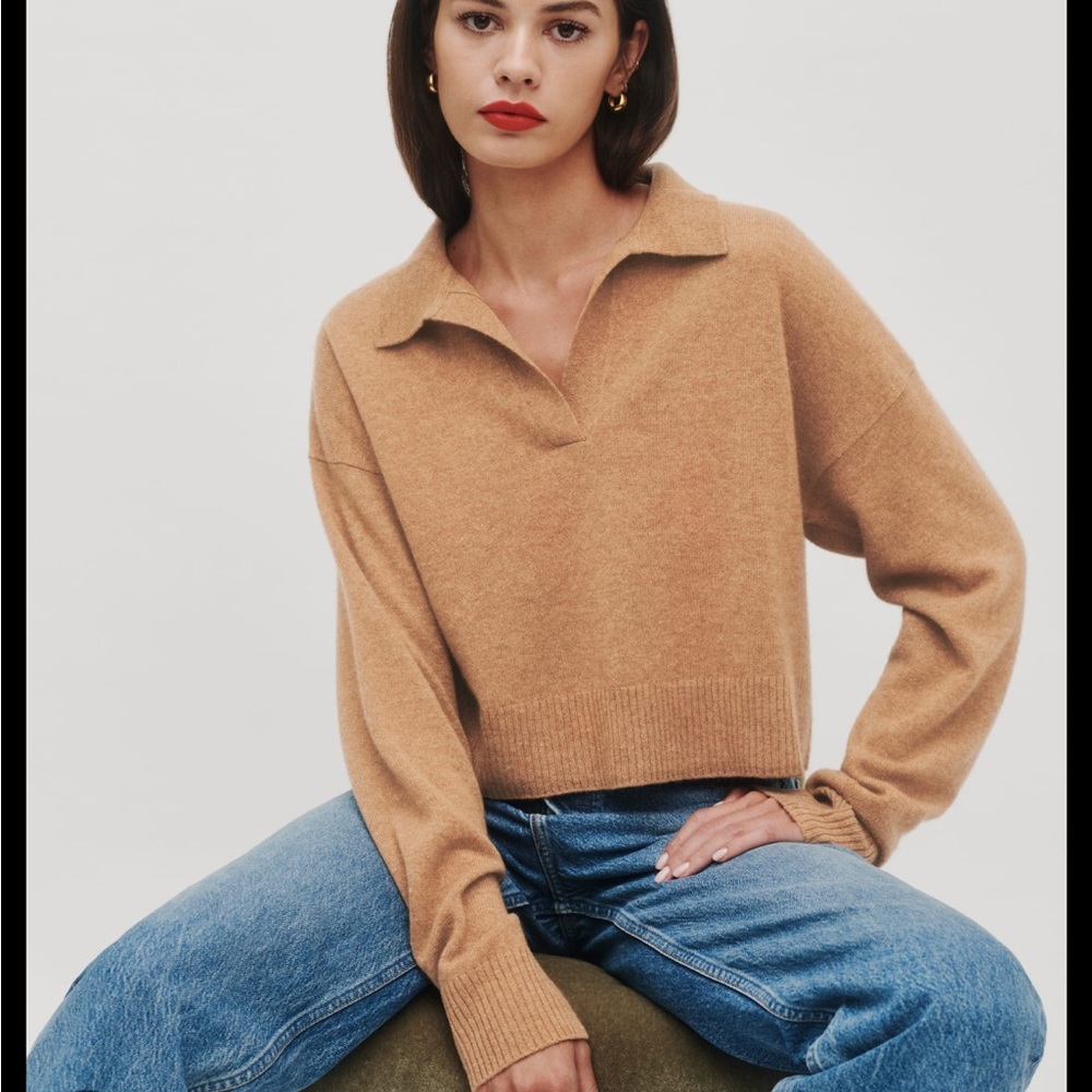 Reformation Camel V-Neck Polo Sweater